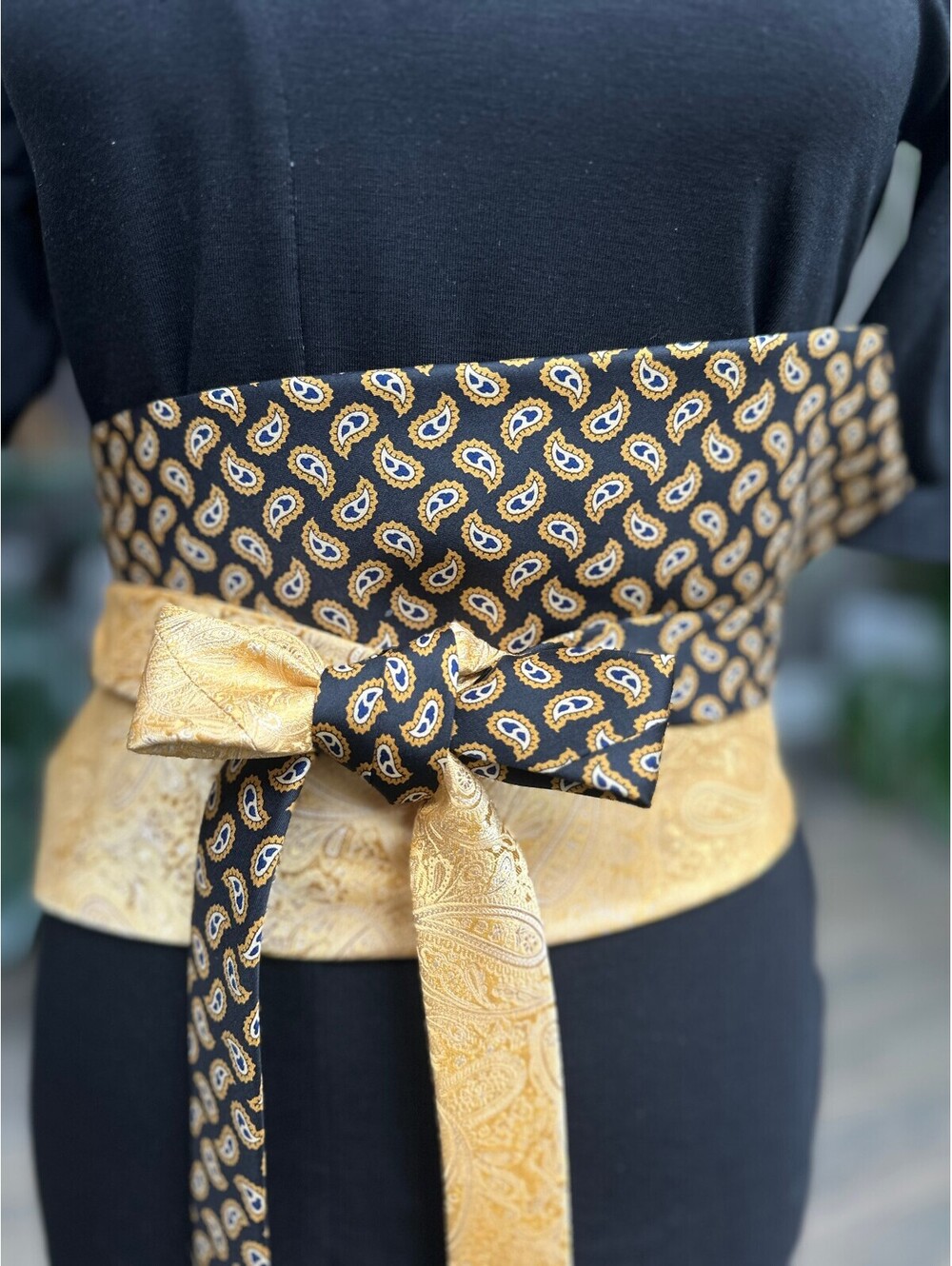 Gold & Black Paisley Upcycled Silk Obi Belt | Corset Style | OOAK | OS